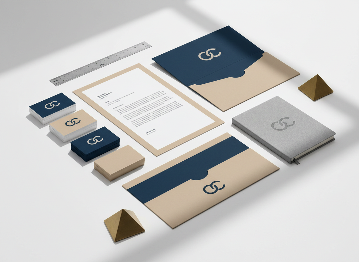 An elegant brand identity presentation laid out on a pristine white tabletop: a set of matte-finish business cards, a folded letterhead, a rigid presentation folder, and a slim, embossed notebook, all unified by the same minimalist logo and muted color palette of deep navy, warm beige, and soft gray. A precise metal ruler and a pair of geometric brass paperweights anchor the composition. Indirect natural light from above casts clean, linear shadows, highlighting the textures of paper and embossing. Photographic realism with a calm, confident mood, framed using the rule of thirds from a slightly elevated angle, ensuring generous negative space around the brand materials to emphasize clarity, precision, and high-end design sensibility.