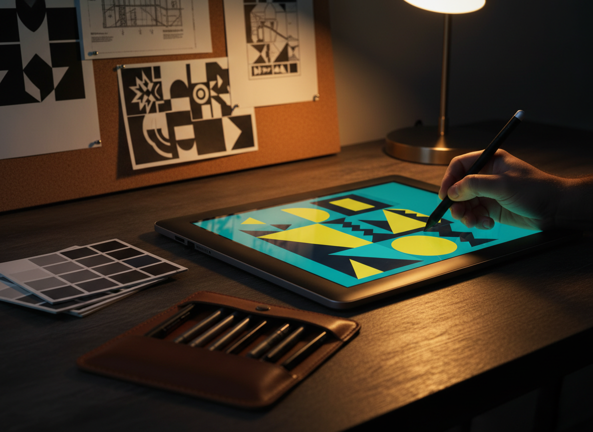 A dynamic workspace close-up of a graphics tablet in use, with the stylus resting precisely on the edge of a vivid poster design featuring bold geometric shapes and a strong accent color palette of electric teal, sunlit yellow, and deep black. Nearby lie color calibration cards, a neatly rolled set of technical pens, and a partially visible moodboard pinned with printed inspirations. The dark, textured desk contrasts with the bright artwork on screen. Directional side lighting from a warm desk lamp creates dramatic highlights on the tablet’s edge and soft shadows from the tools, enhancing depth. Photographic realism with an energetic yet controlled atmosphere, captured from a low, three-quarter angle to emphasize the digital canvas and the precision of professional graphic design work.